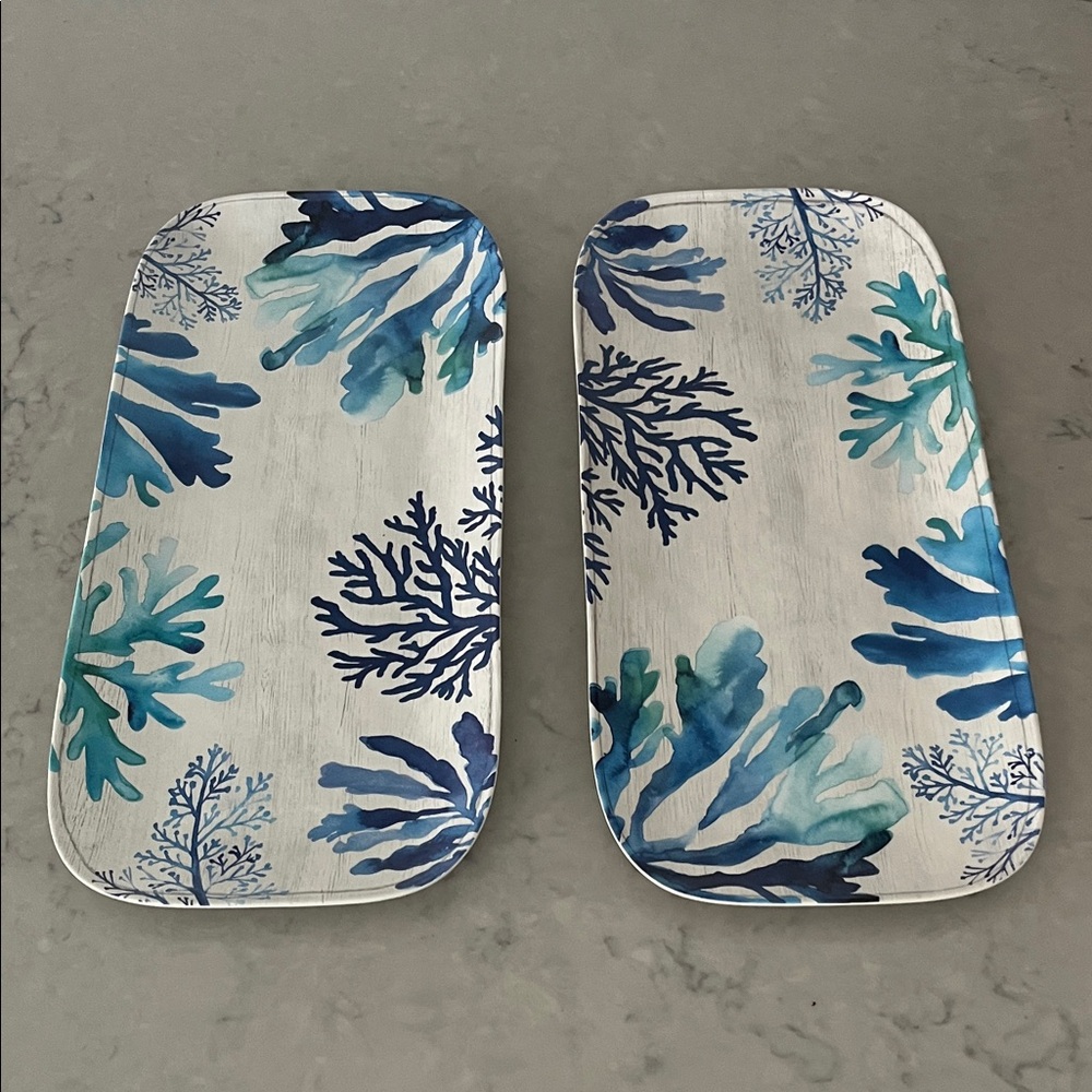 Set of 2 Melamine serving platters/ trays with a blue coral design.